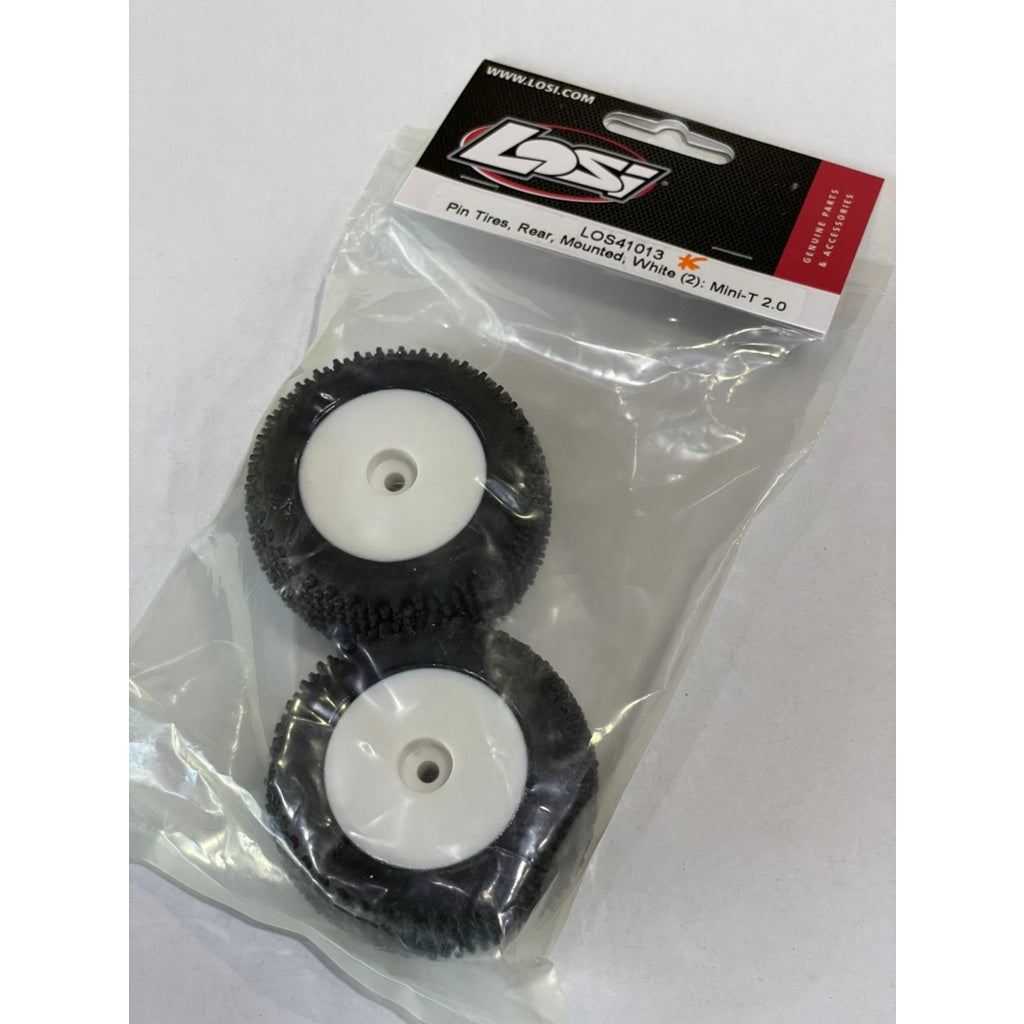 LOSI Pin Tires, Rear, Mounted, White (2): Mini-T 2.0