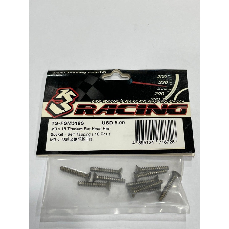 3Racing TS-FSM318S M3 x 18 Titanium Flat Head Hex Socket - Self Tapping (10 Pcs)